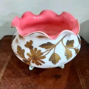 Vintage Pink & White Cased Glass Ruffled Edge Bowl Hand Painted And Signed 6"×5"